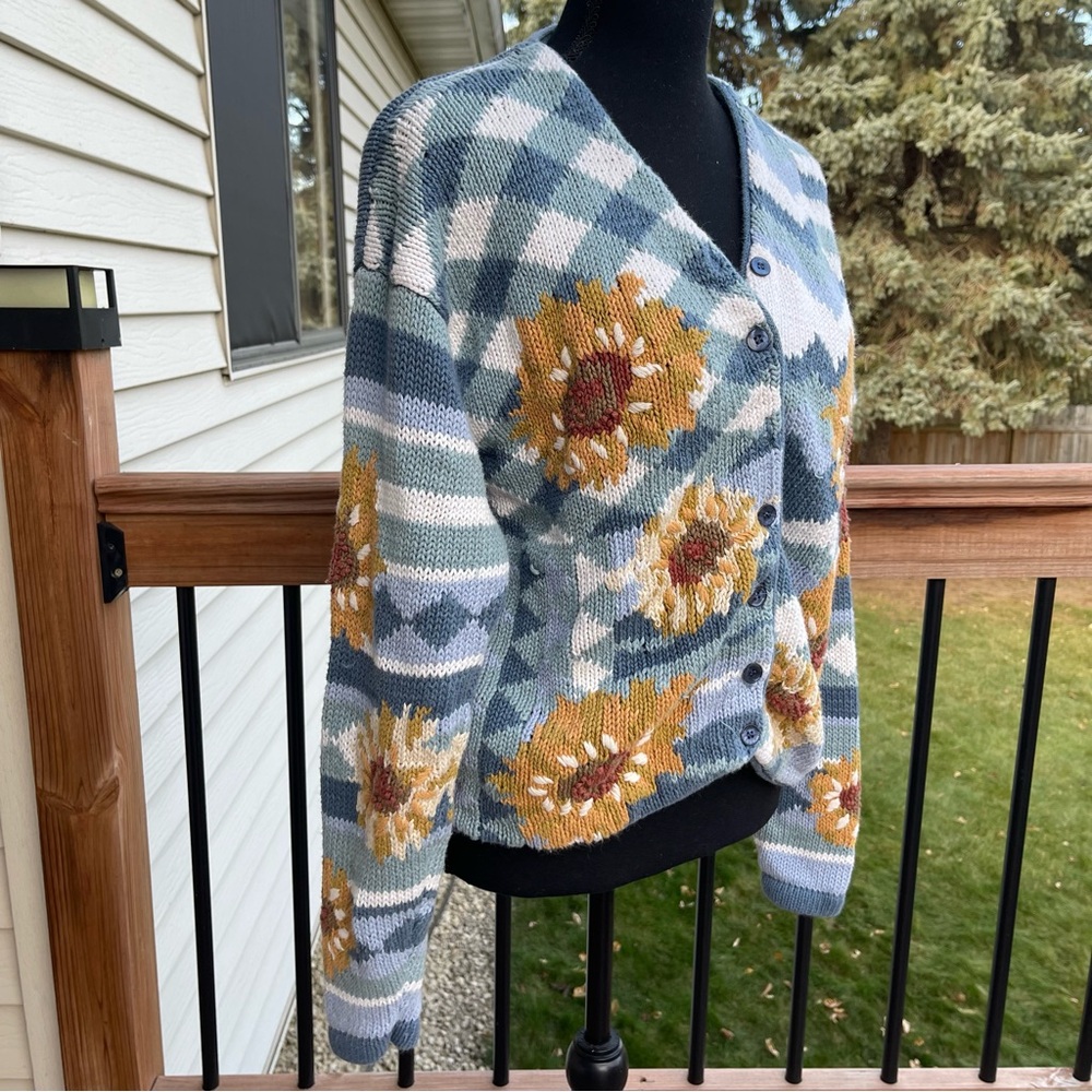 Vtg Import Workshop Sunflower Cardigan Sweater Chunky Knit Women’s Large - Picture 3 of 12